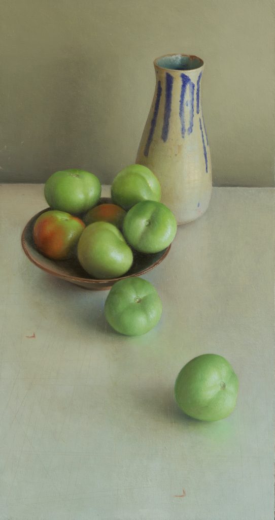 Arrangement with green tomatoes | oil on linen mounted on board