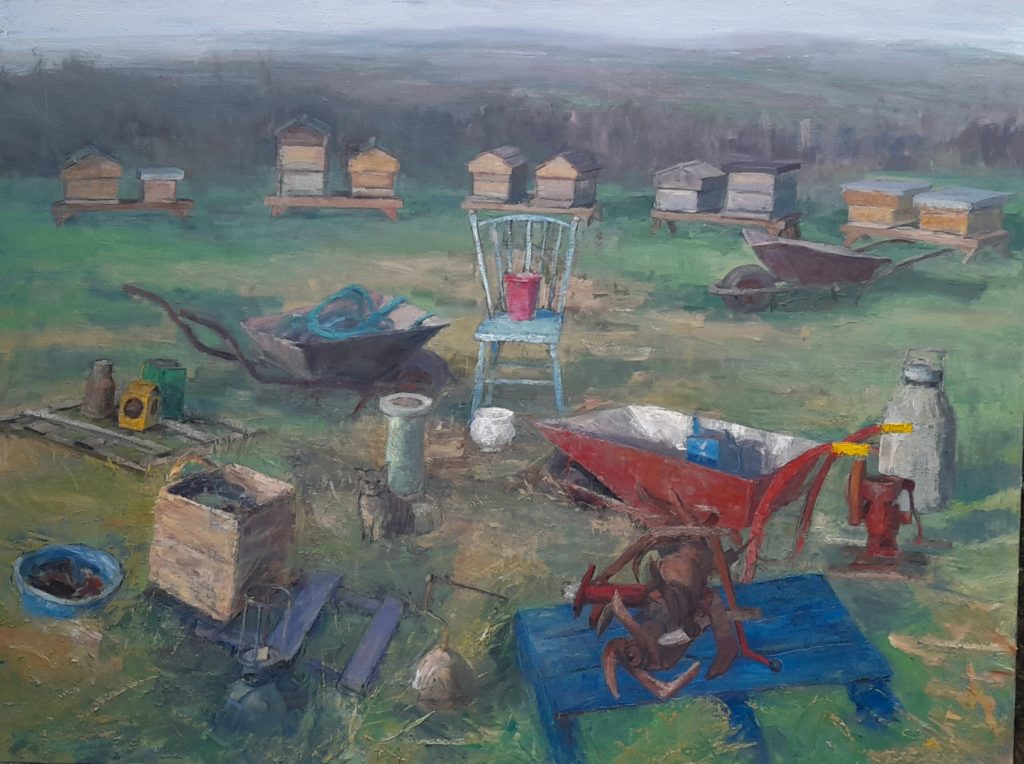 Beehives & cat | oil on linen