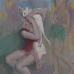 Cat in front of face | oil on canvas