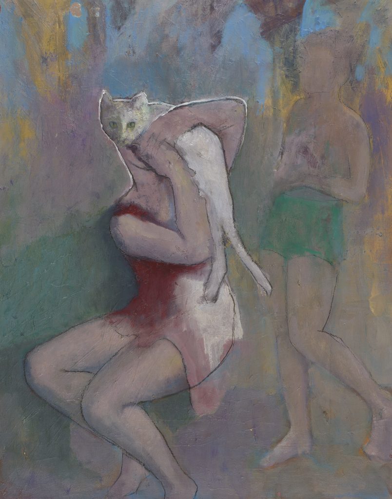 Cat in front of face | oil on canvas