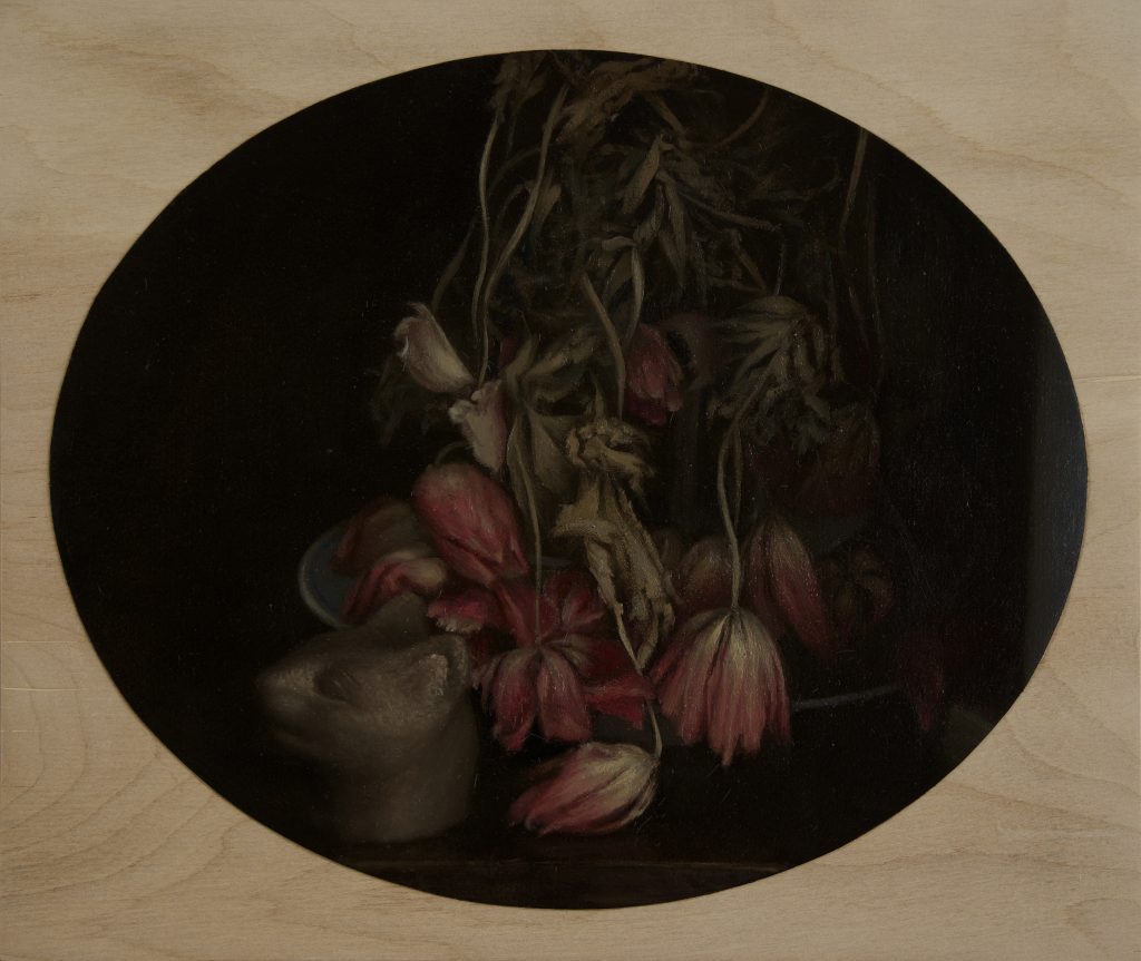 Dead flowers | serpents and Mau, oil on paper mounted on board