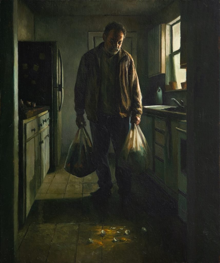 “Everything’s wonderful,” I said | I lied.Oil on panel