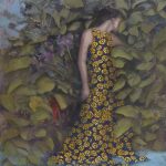 Golden flowers | mix technics oil and textile on canvas