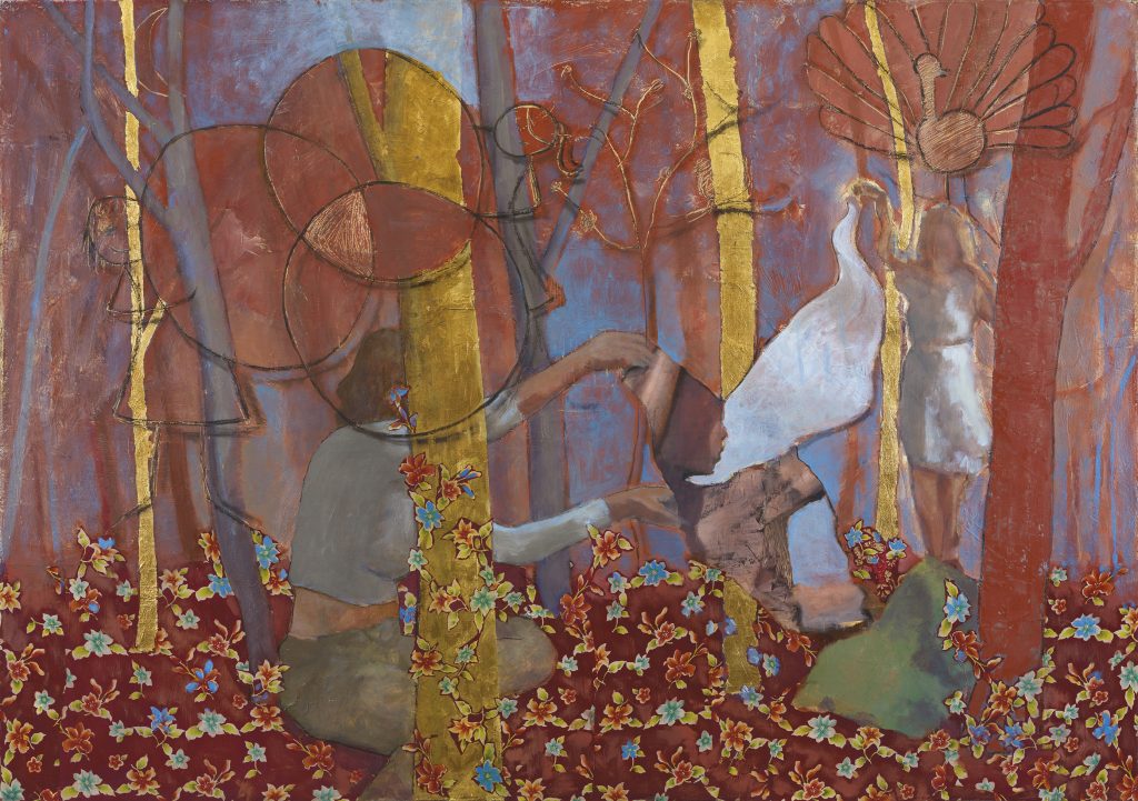 Hide and Seek | mix technics oil textile and gold leaf on canvas