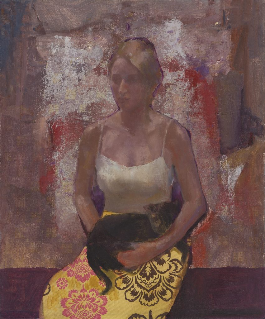 Neta with a cat, | mix technics on canvas