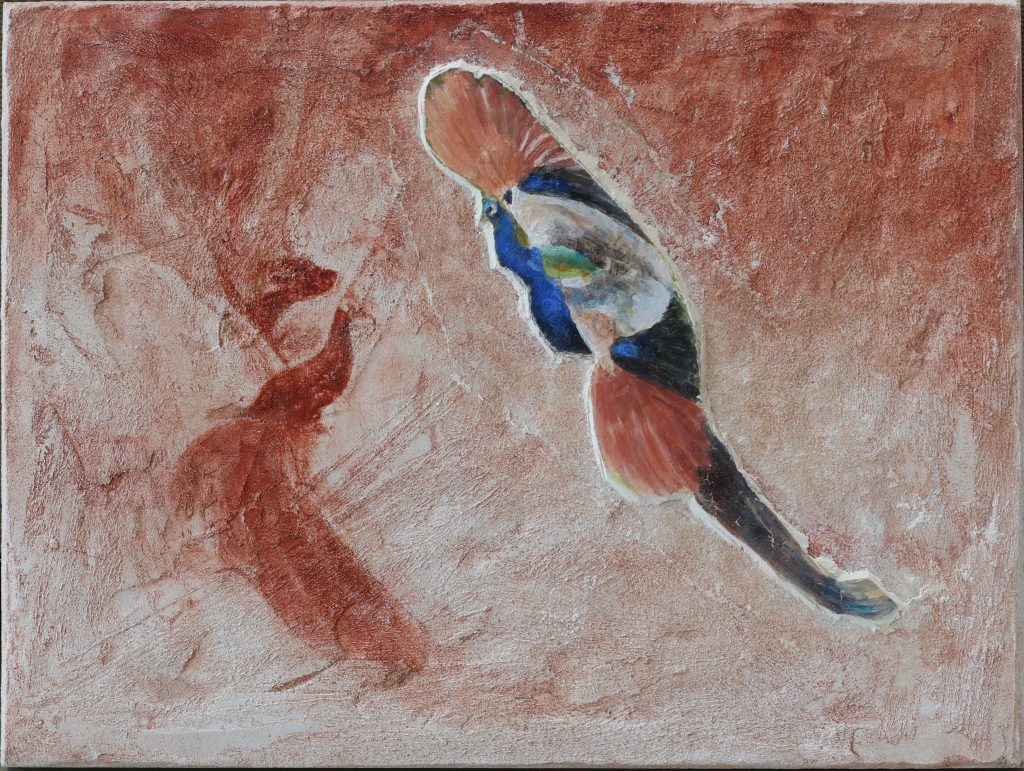 Peacock Fight 1,fresco on wood panel