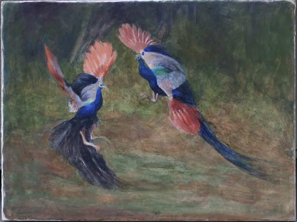 Peacock Fight 2 | Fresco and tempera on wood panel