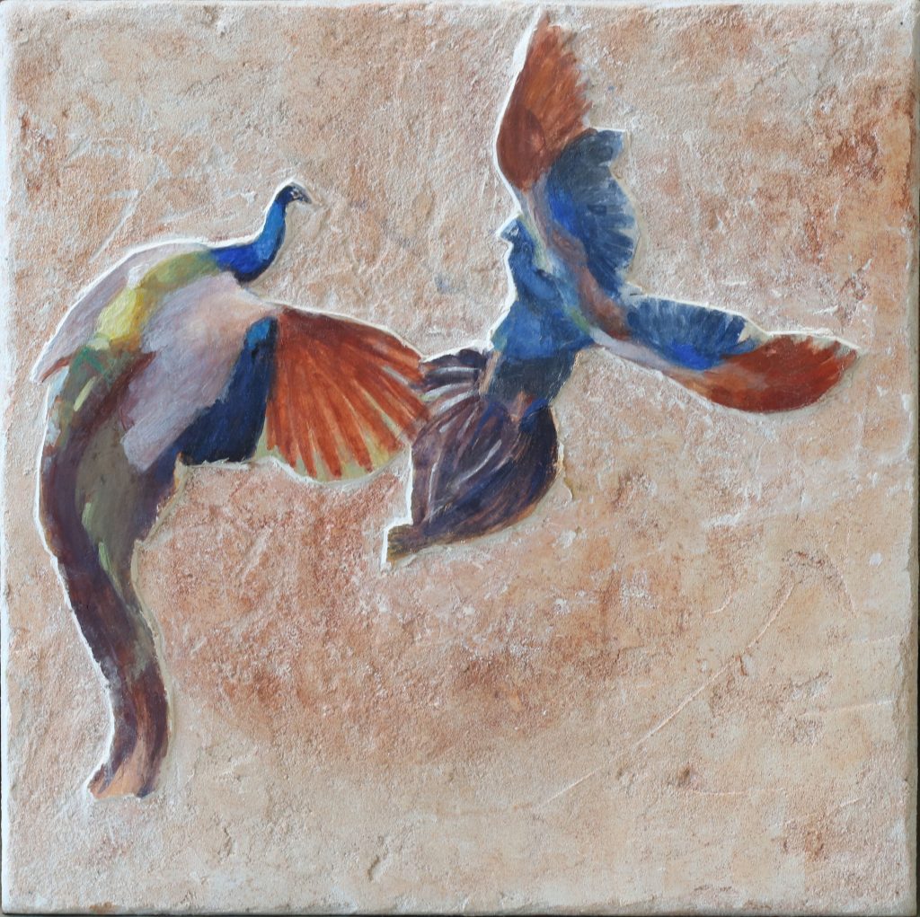 Peacock Fight 3 | fresco on a terracotta panel