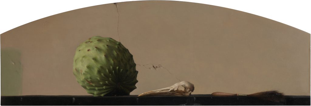 Still life with sugar apple heron skull and a sword brush | oil on board