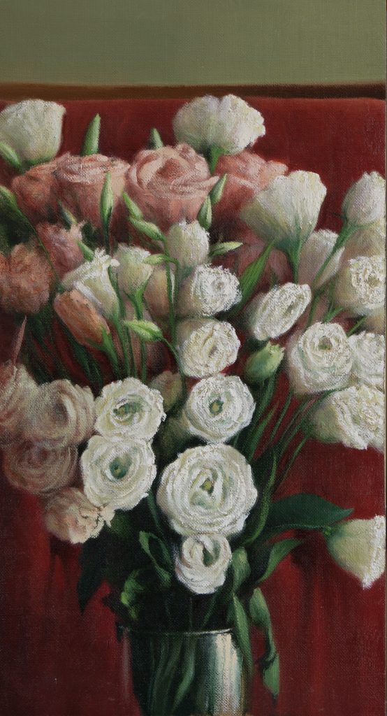 White and pink lisianthus | oil on linen mounted on board