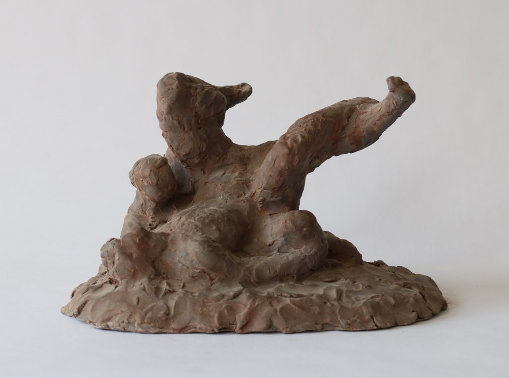 Wrestlers on the ground sketch | Brown painted clay