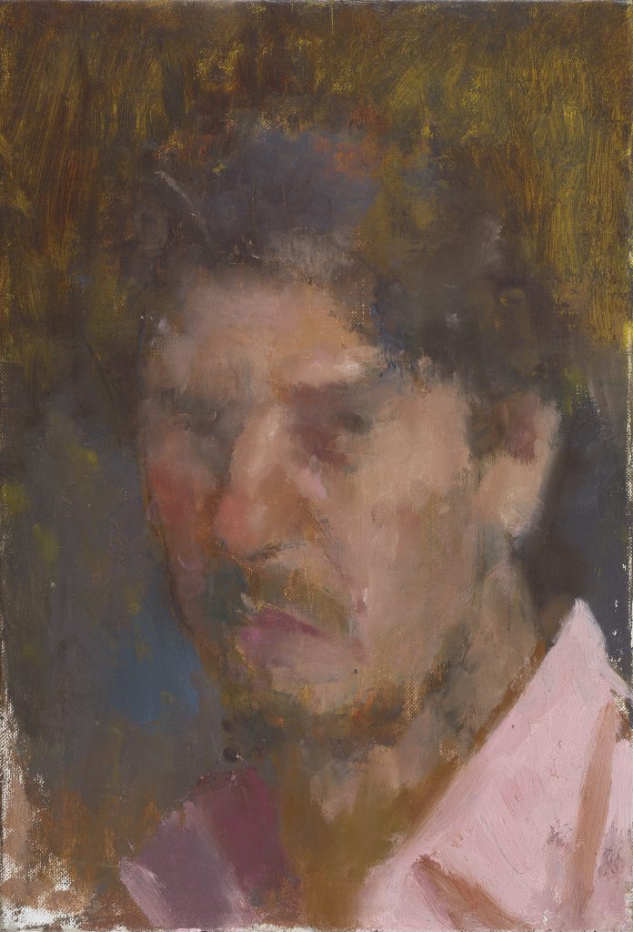 Self-portrait with a pink collar | oil on canvas mounted on wood