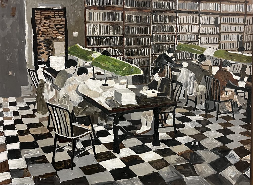 In the Liibrary | oil and acrylic on paper mounted on wooden board