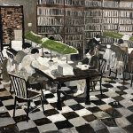 In the Liibrary | oil and acrylic on paper mounted on wooden board