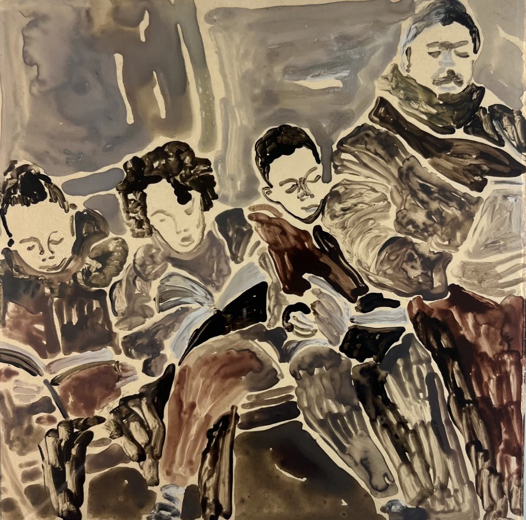 Reading in the metro | oil on glass