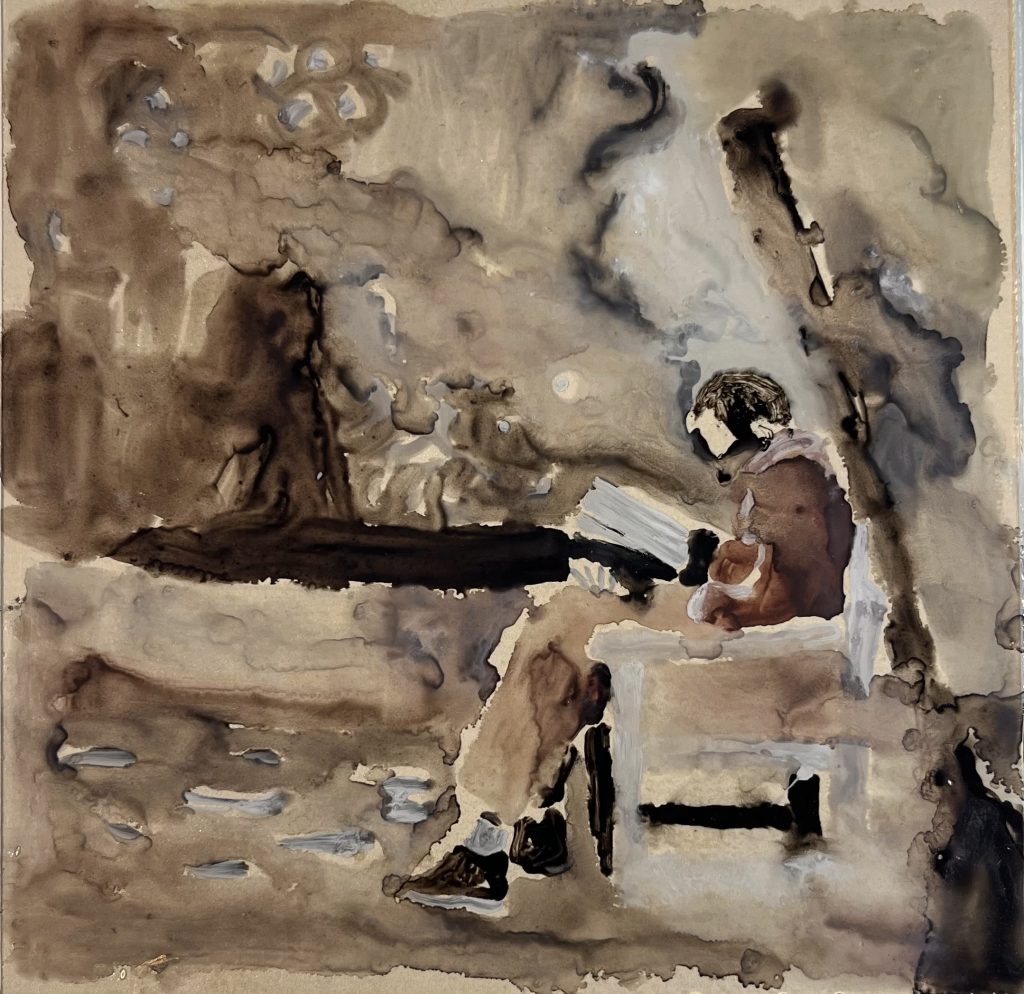 Reading on the bench | oil on glass