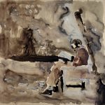 Reading on the bench | oil on glass