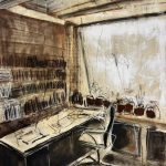 Seven flower pots in the window | oil and graphite on paper