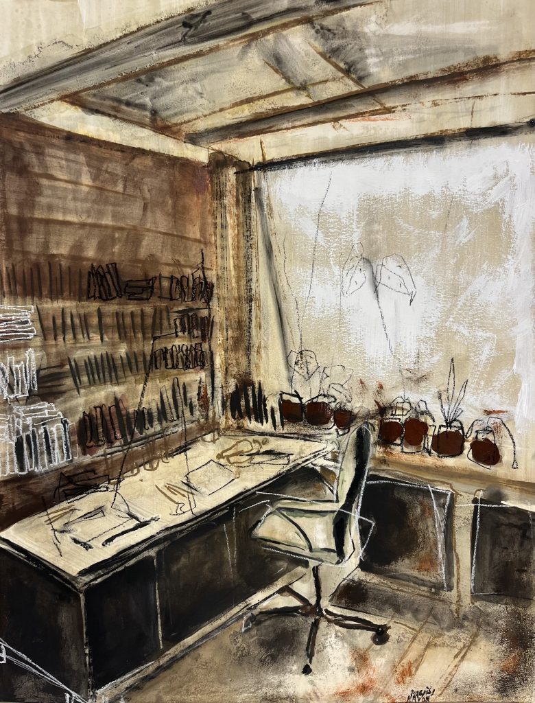 Seven flower pots in the window | oil and graphite on paper