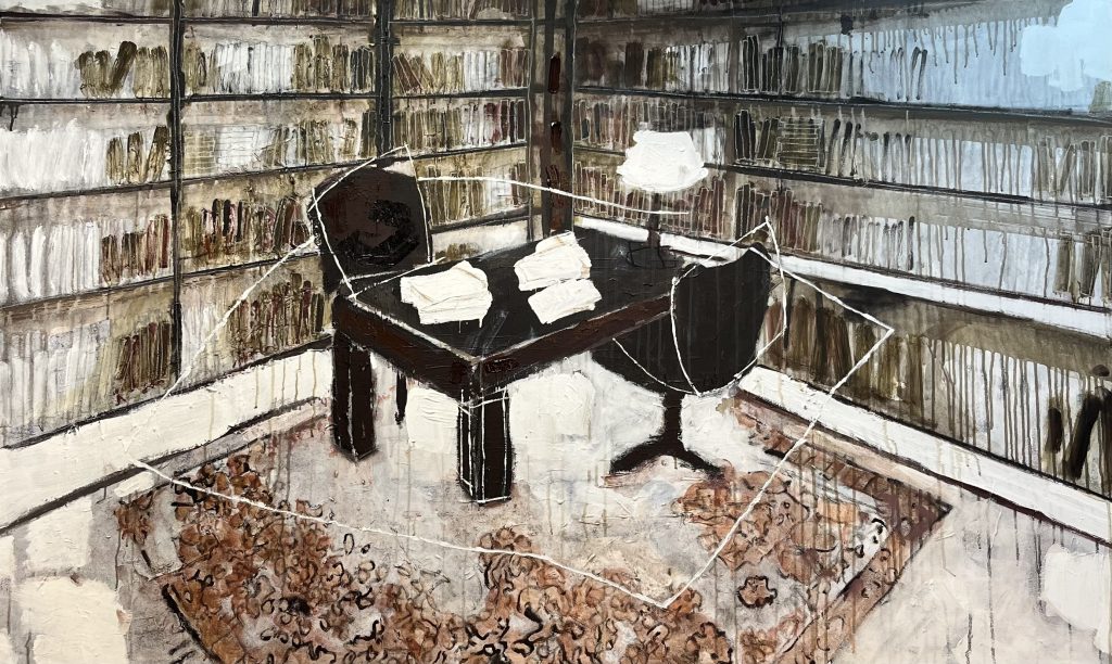 Two chairs and a table,oil and acrylic on canvas