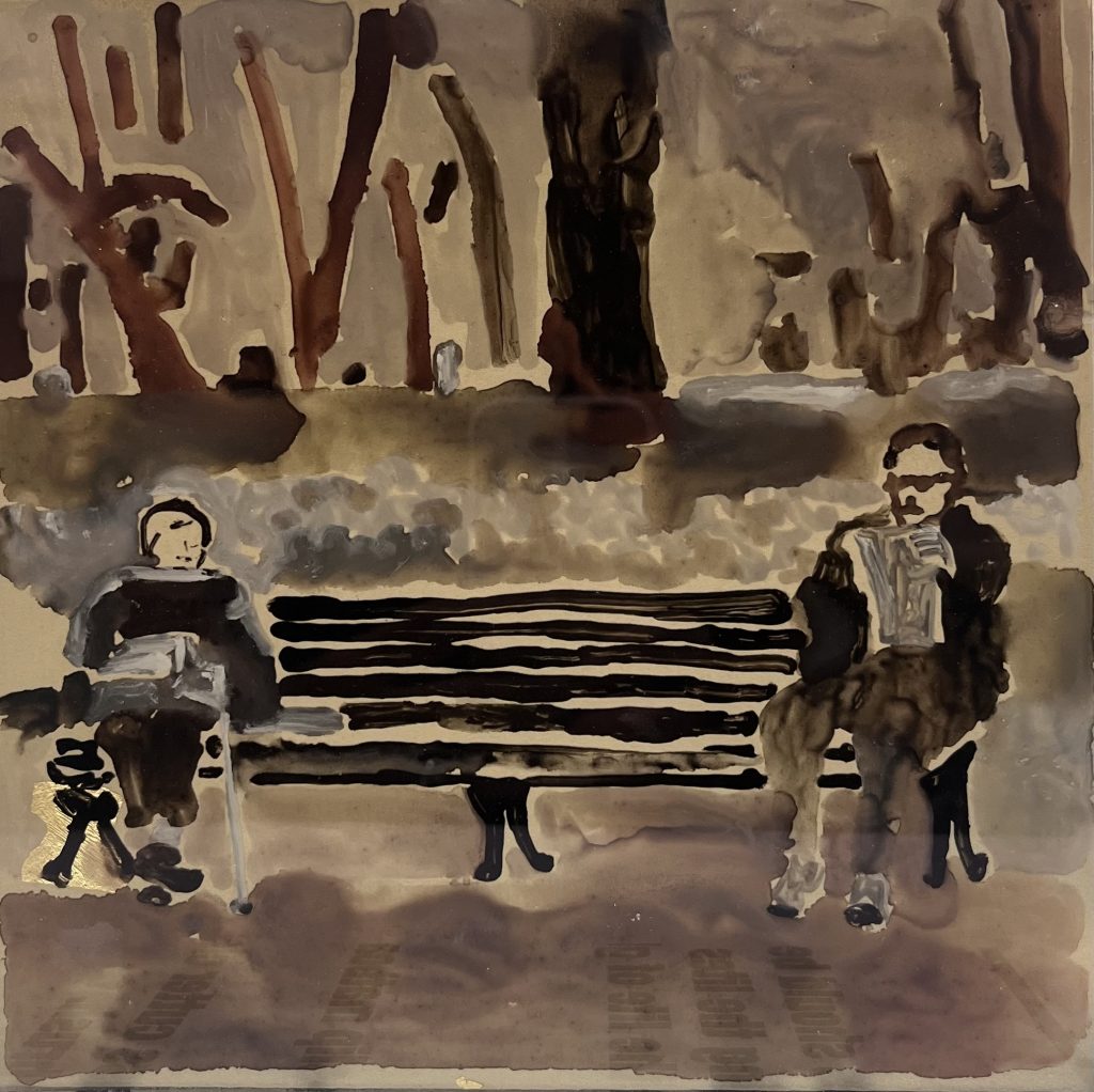 Two readers on a bench | oil on glass
