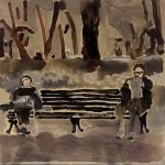 Two readers on a bench | oil on glass