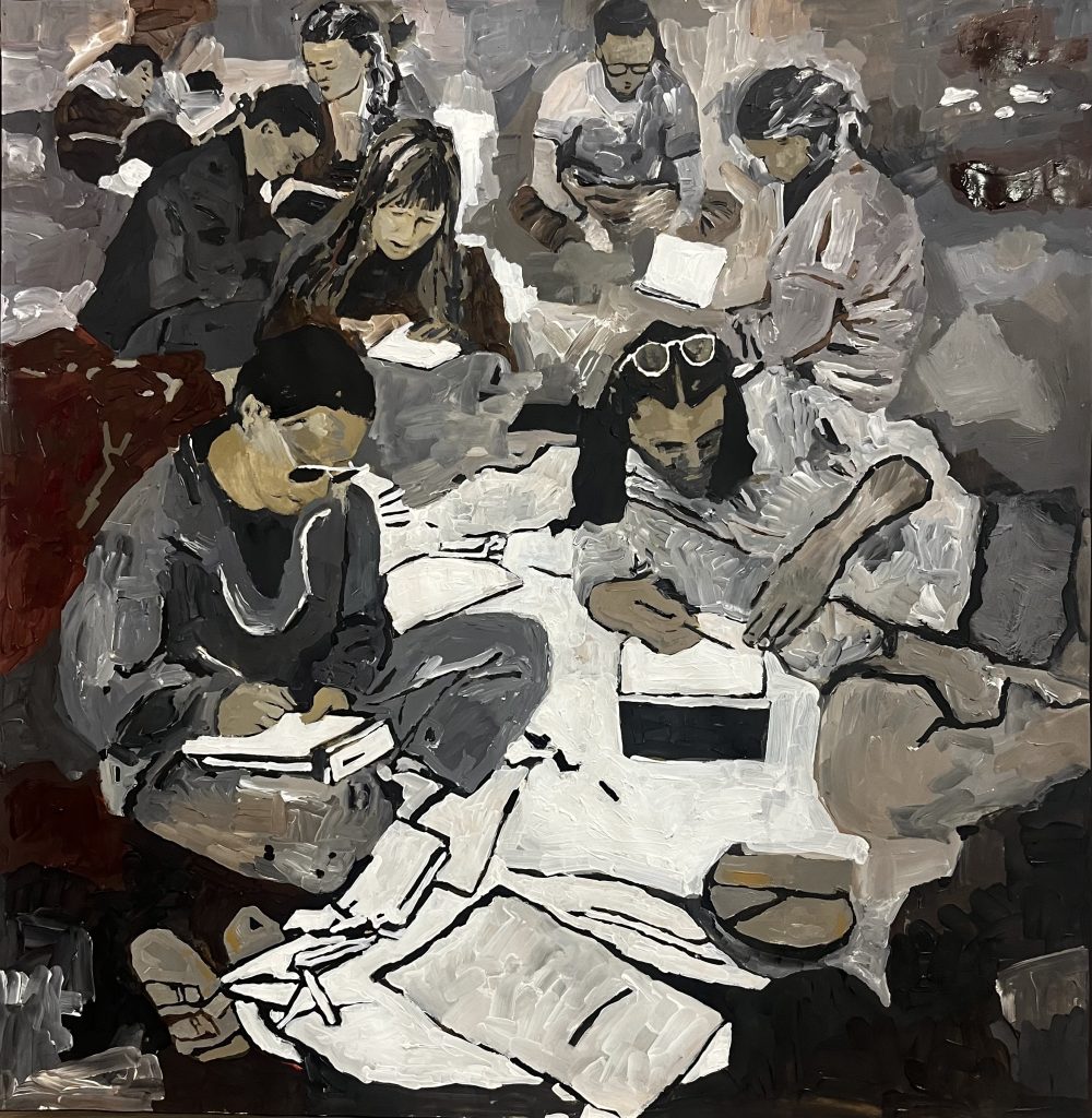 Writing Seated Cross-Legged | oil and acrylic on paper mounted on wooden board