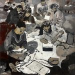 Writing Seated Cross-Legged | oil and acrylic on paper mounted on wooden board
