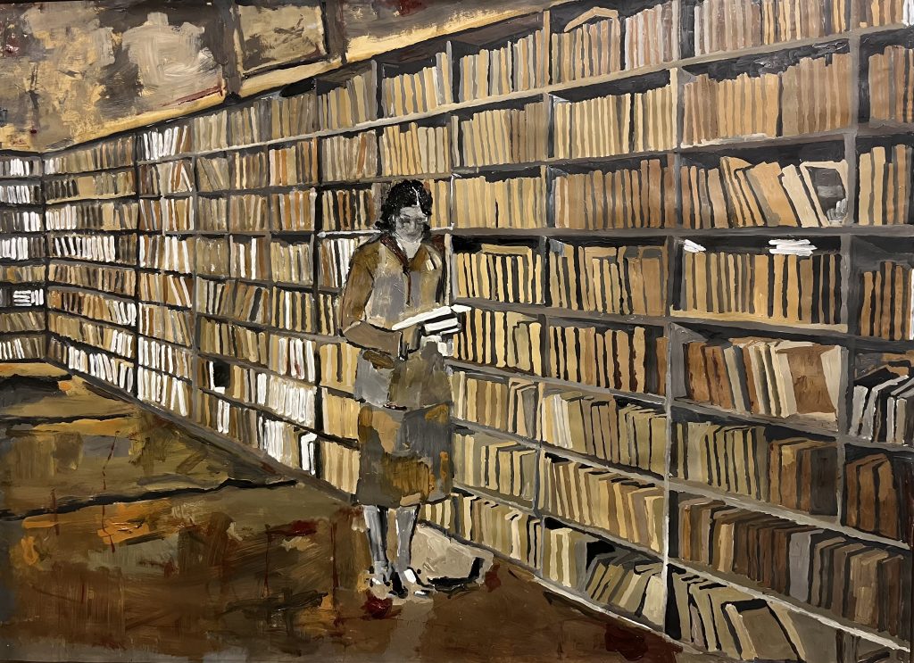 Reading while standing | oil and acrylic on paper mounted on wooden board