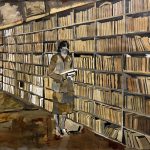 Reading while standing | oil and acrylic on paper mounted on wooden board